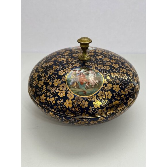 Vintage Lidded Cobalt Blue & Gold Porcelain Dish Classic Romantic Bonbon Trinket - Picture 9 of 11